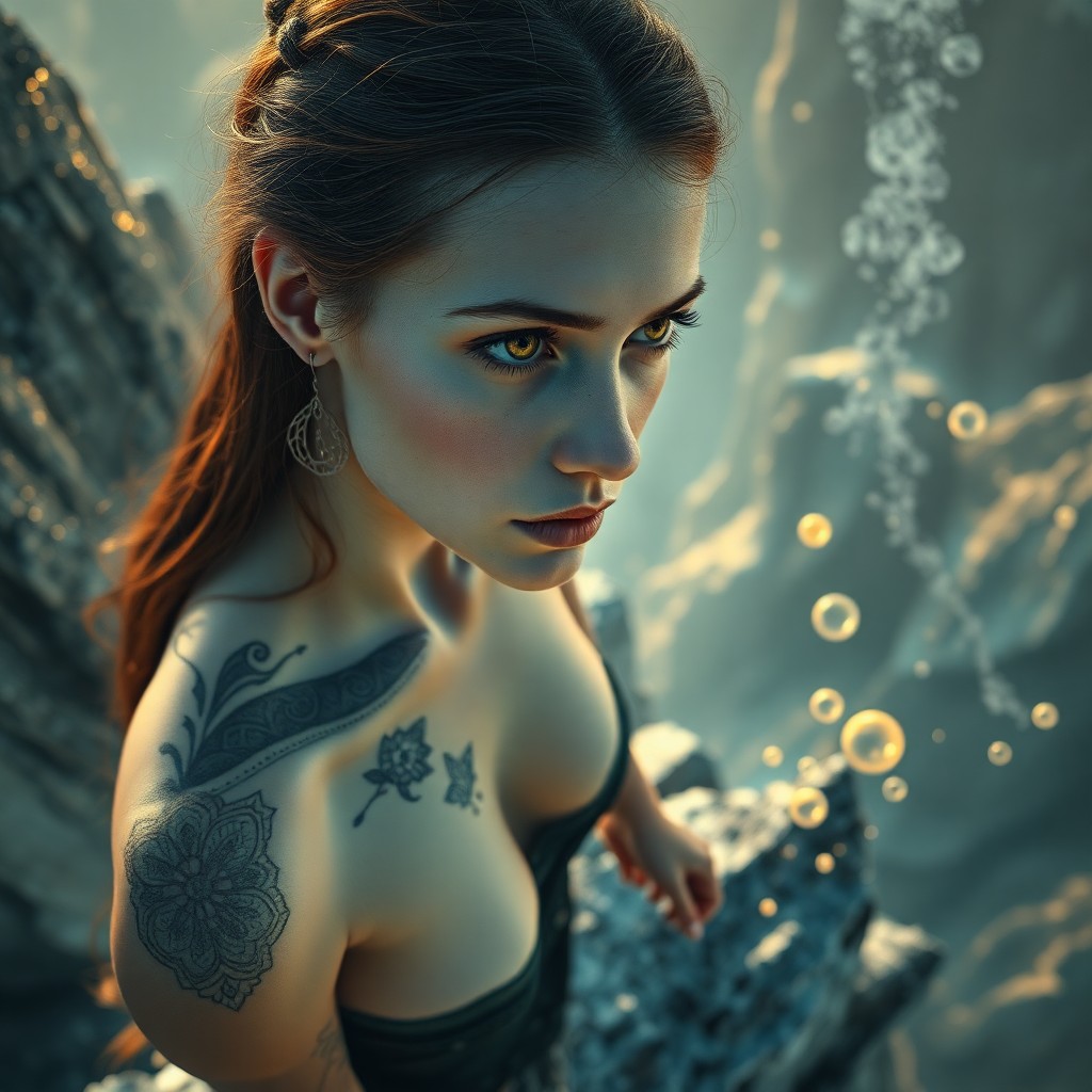 AI generated art for prompt: An evocative close-up portrait depicts an alluring female figure with captivating amber eyes and int