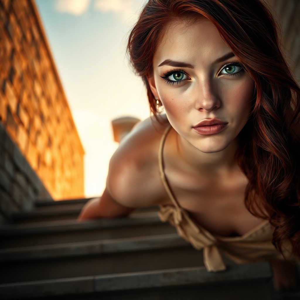 AI generated art for prompt: Envision a hyper-realistic portrait of a young woman with lustrous dark red hair and mesmerizing gre