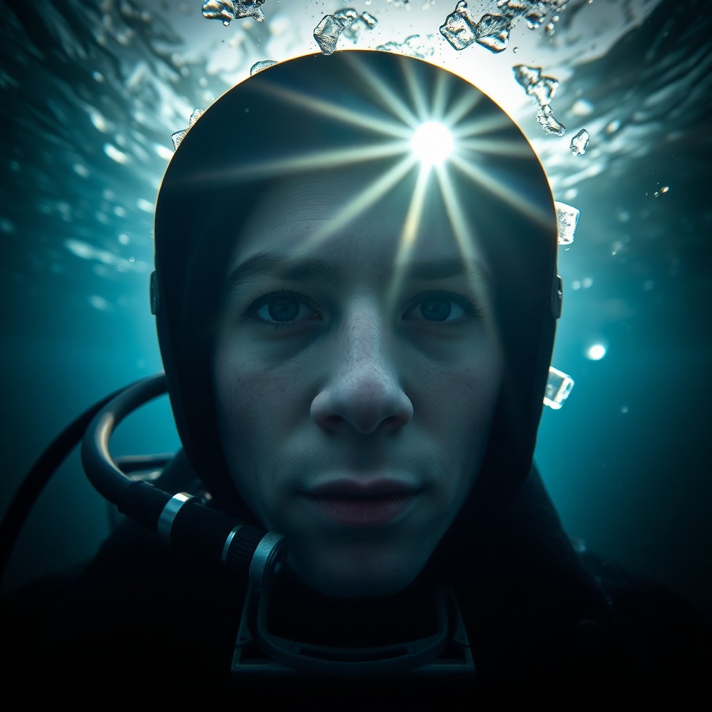 AI generated art for prompt: A photorealistic portrait from an underwater vantage point captures the enigmatic expression of a de