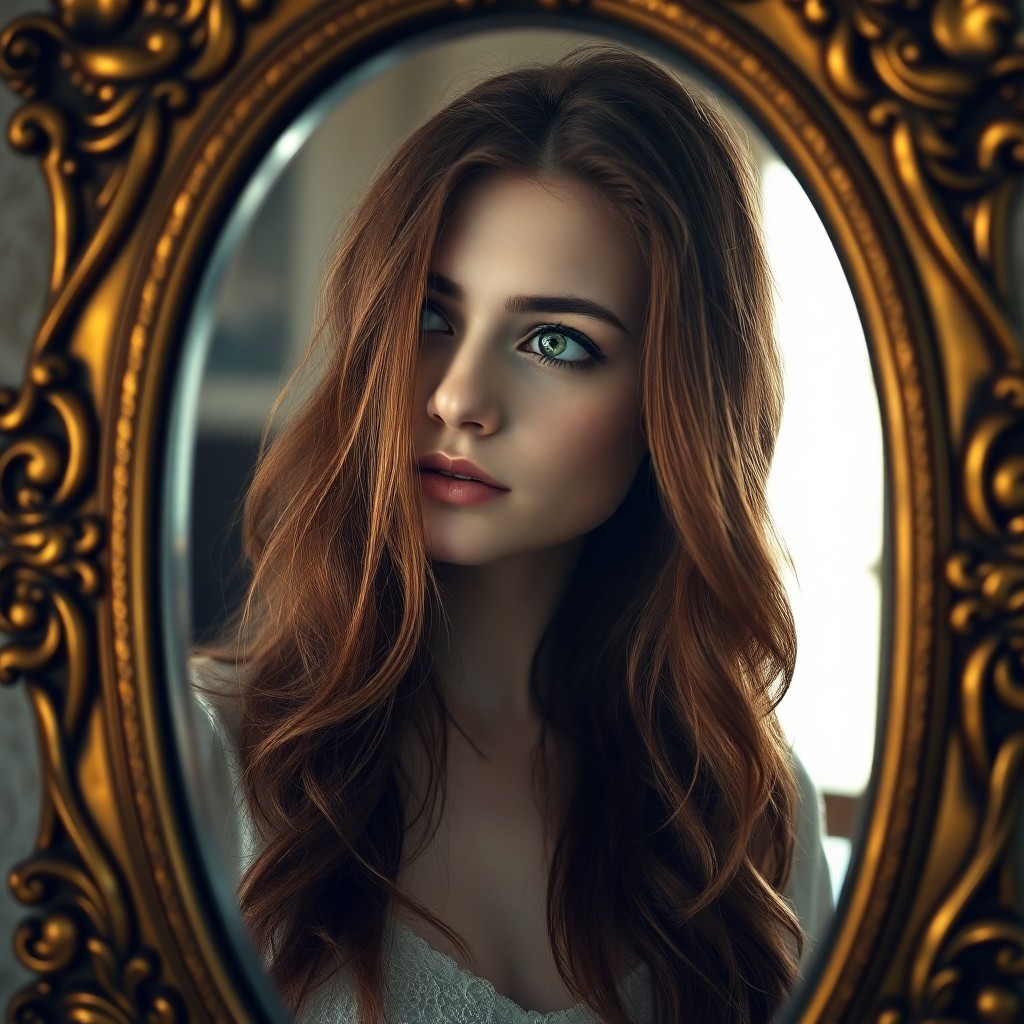 AI generated art for prompt: In this captivating portrait, a young woman with porcelain skin and emerald eyes is captured in an i