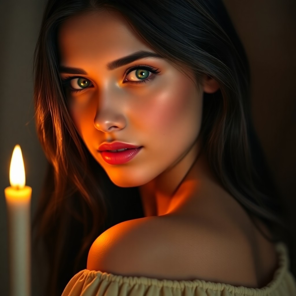 AI generated art for prompt: A captivating portrait illuminated by soft, warm light captures a young woman with flawless skin and