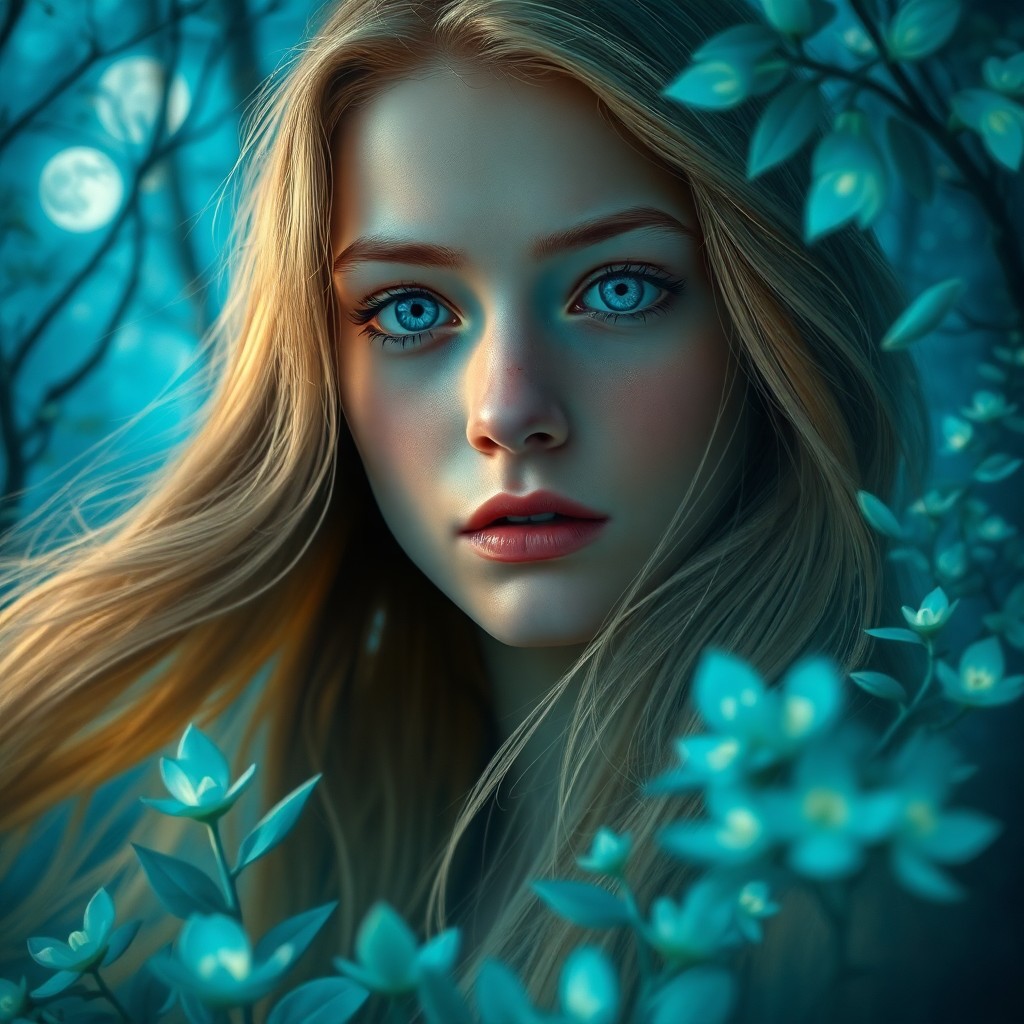 AI generated art for prompt: A portrait of a young woman with mesmerizing blue eyes and flowing golden hair captures her contempl