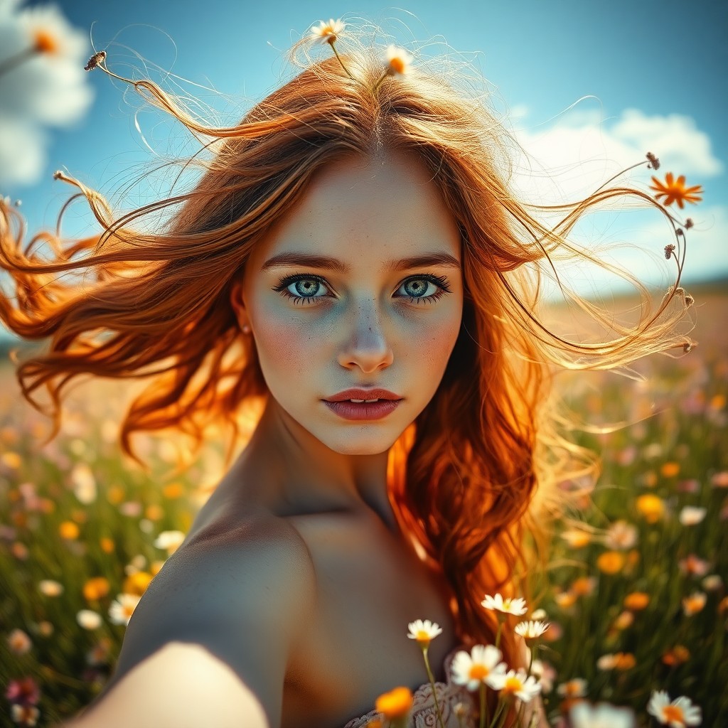 AI generated art for prompt: Envision an alluring portrait of a youthful woman with mesmerizing blue eyes and a sprinkle of delic