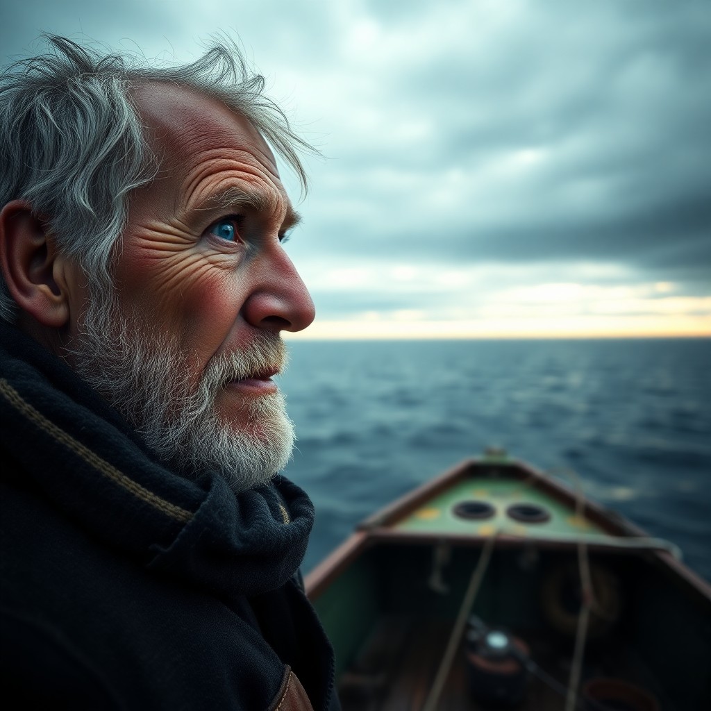 AI generated art for prompt: Imagine a hyper-realistic depiction of an aged, middle-aged fisherman with weathered skin and intens