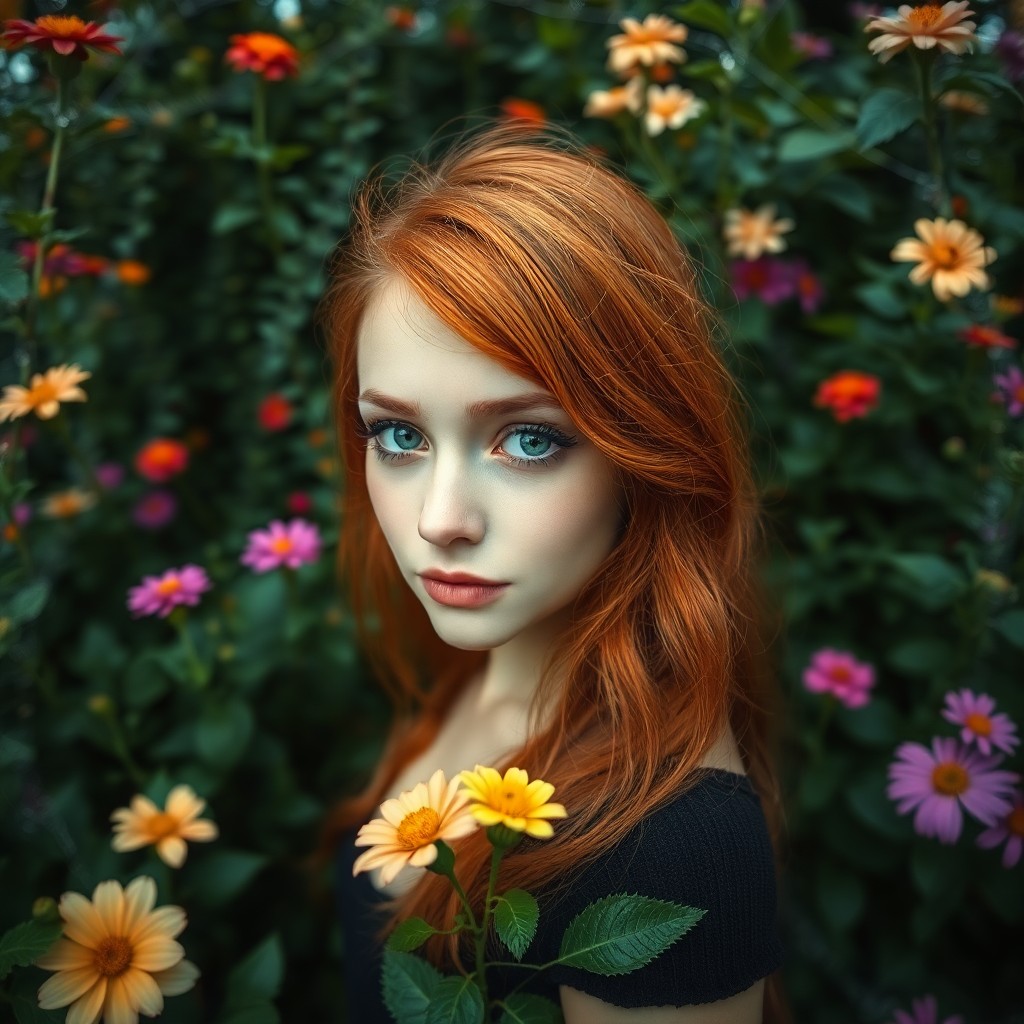 AI generated art for prompt: Craft an image showcasing a young woman with mesmerizing green eyes and striking red hair, standing 