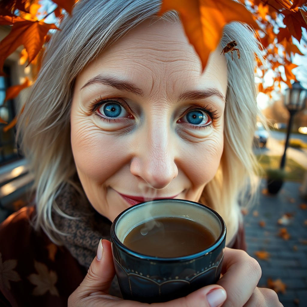 AI generated art for prompt: Craft an image depicting a close-up portrait of a middle-aged woman with piercing blue eyes and silv