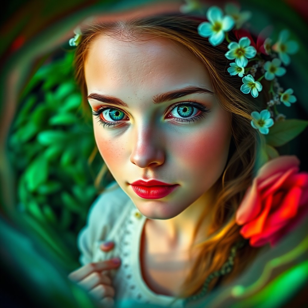 AI generated art for prompt: A captivating photorealistic portrait showcases a young woman with striking emerald eyes fixed on an