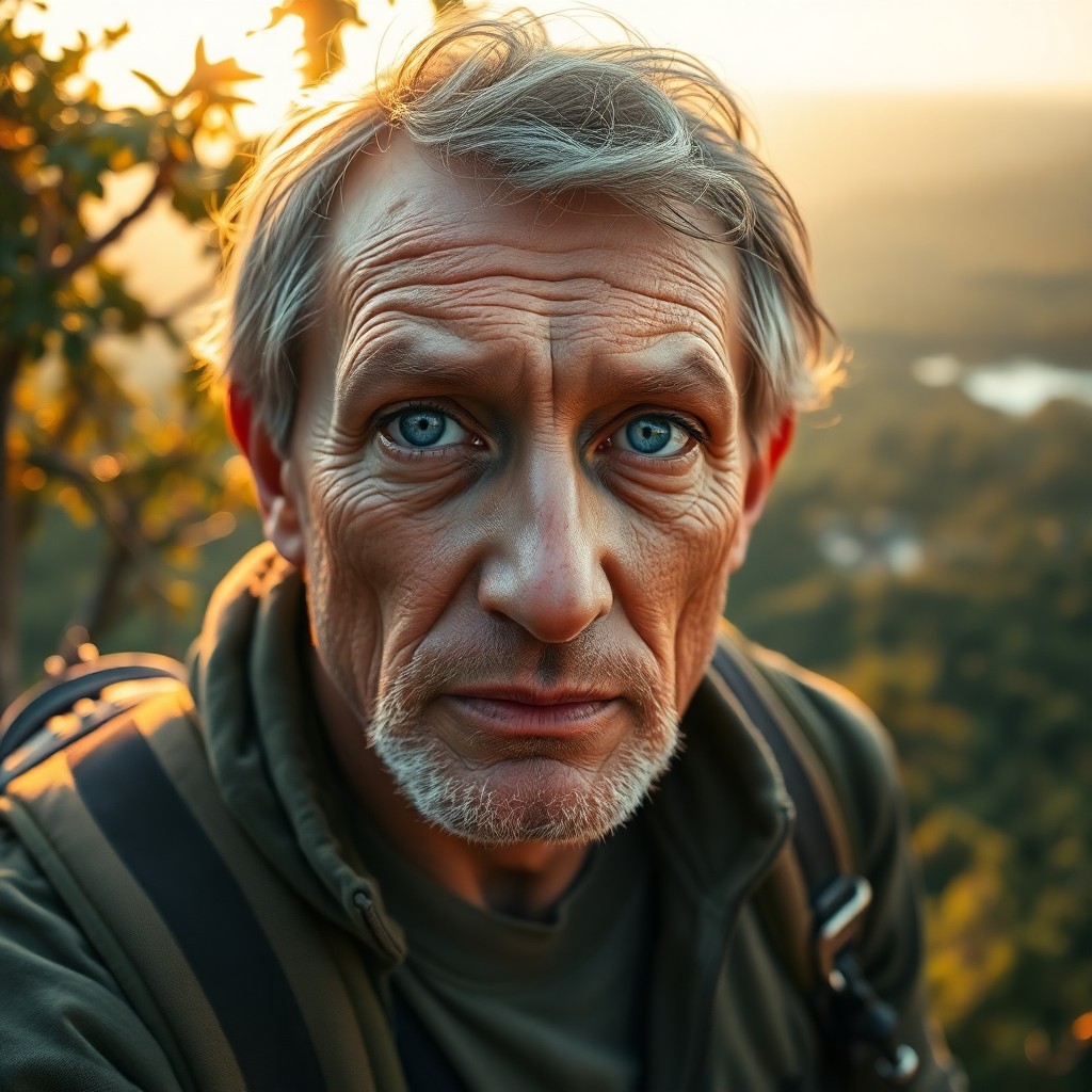 AI generated art for prompt: A portrait of an experienced adventurer with wrinkled features and striking blue eyes, depicted in p