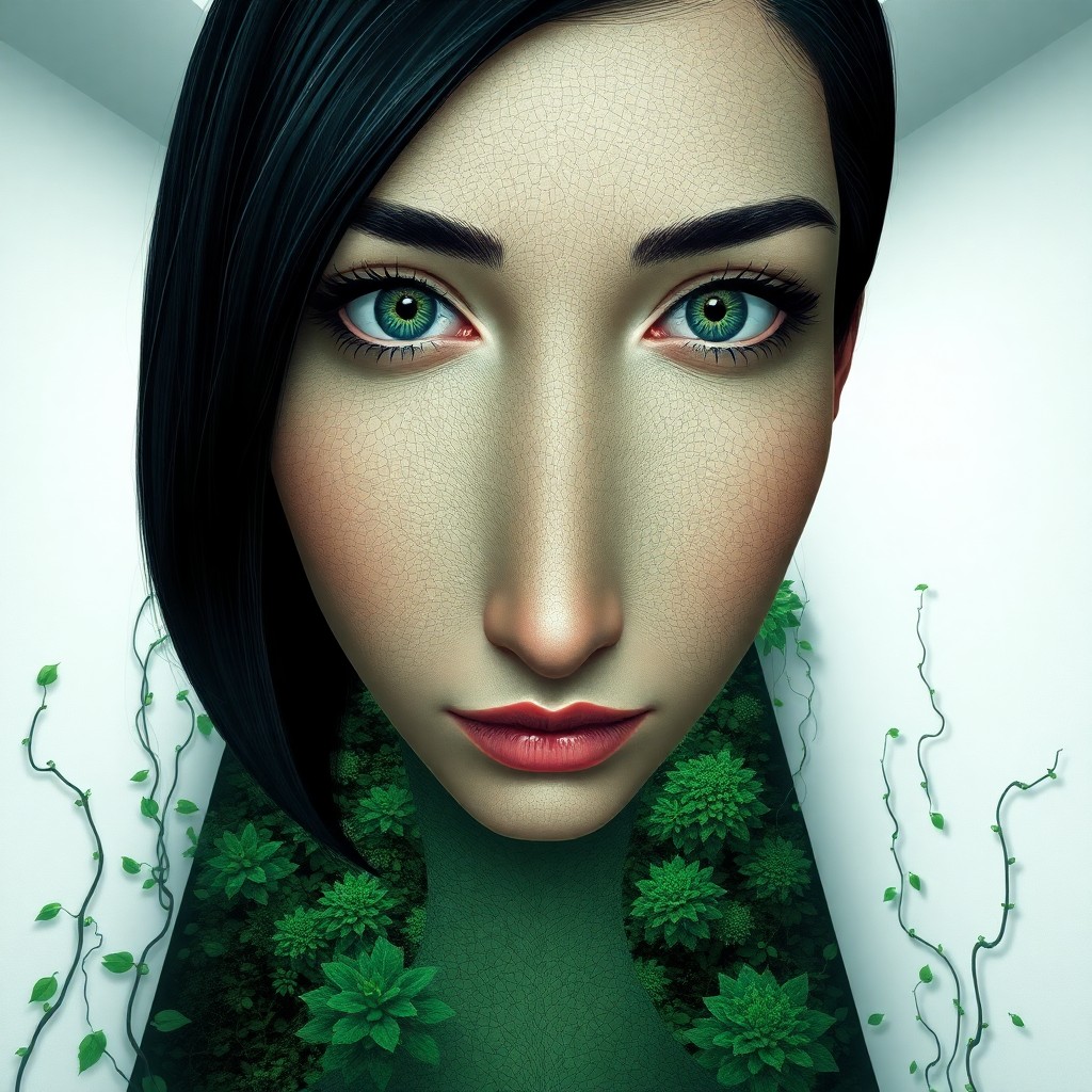 AI generated art for prompt: Craft an intricate digital art portrait of a woman with captivating green eyes and inky black hair, 