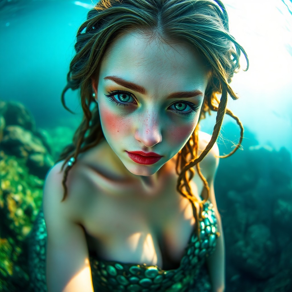 AI generated art for prompt: Imagine an alluring portrait in the manner of classical realism, portraying a bewitching mermaid wit