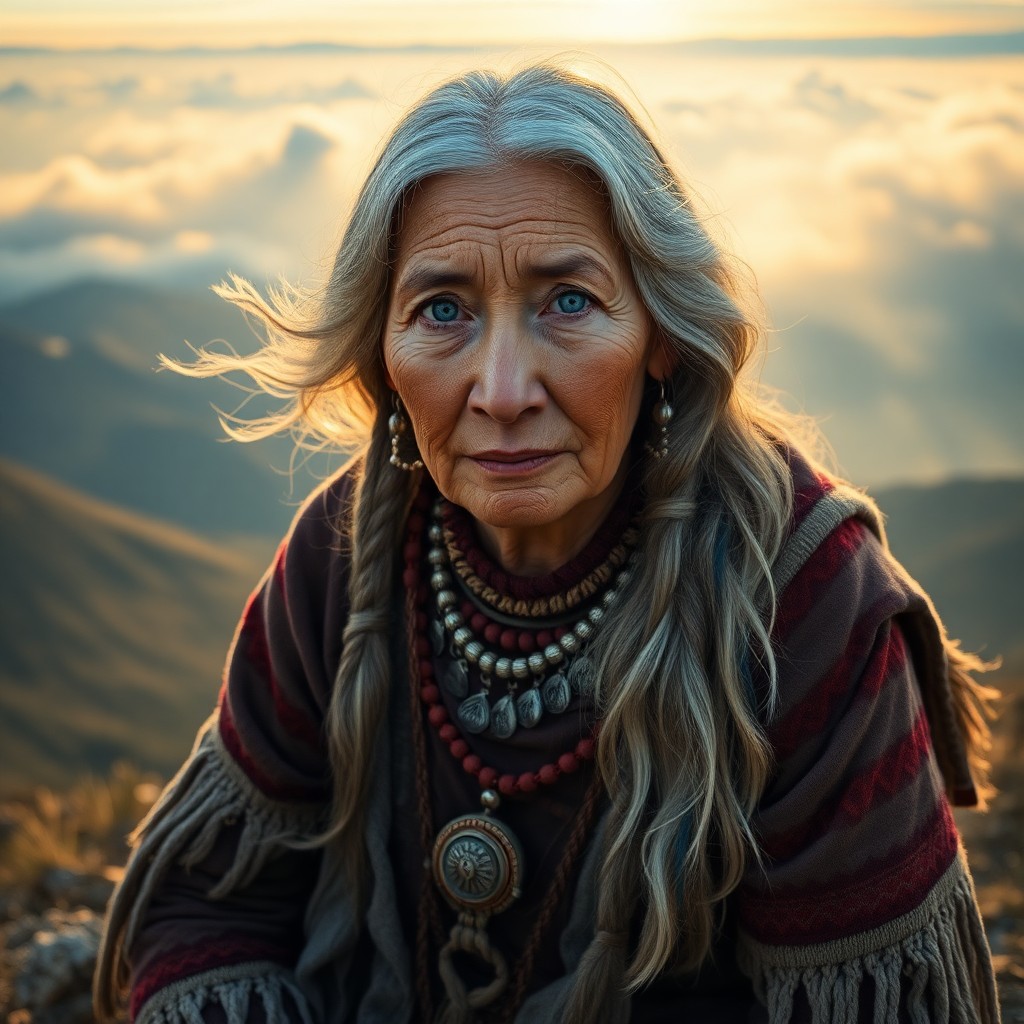 AI generated art for prompt: Imagine a hyperrealistic portrait of an elder Native American woman with striking blue eyes and flow