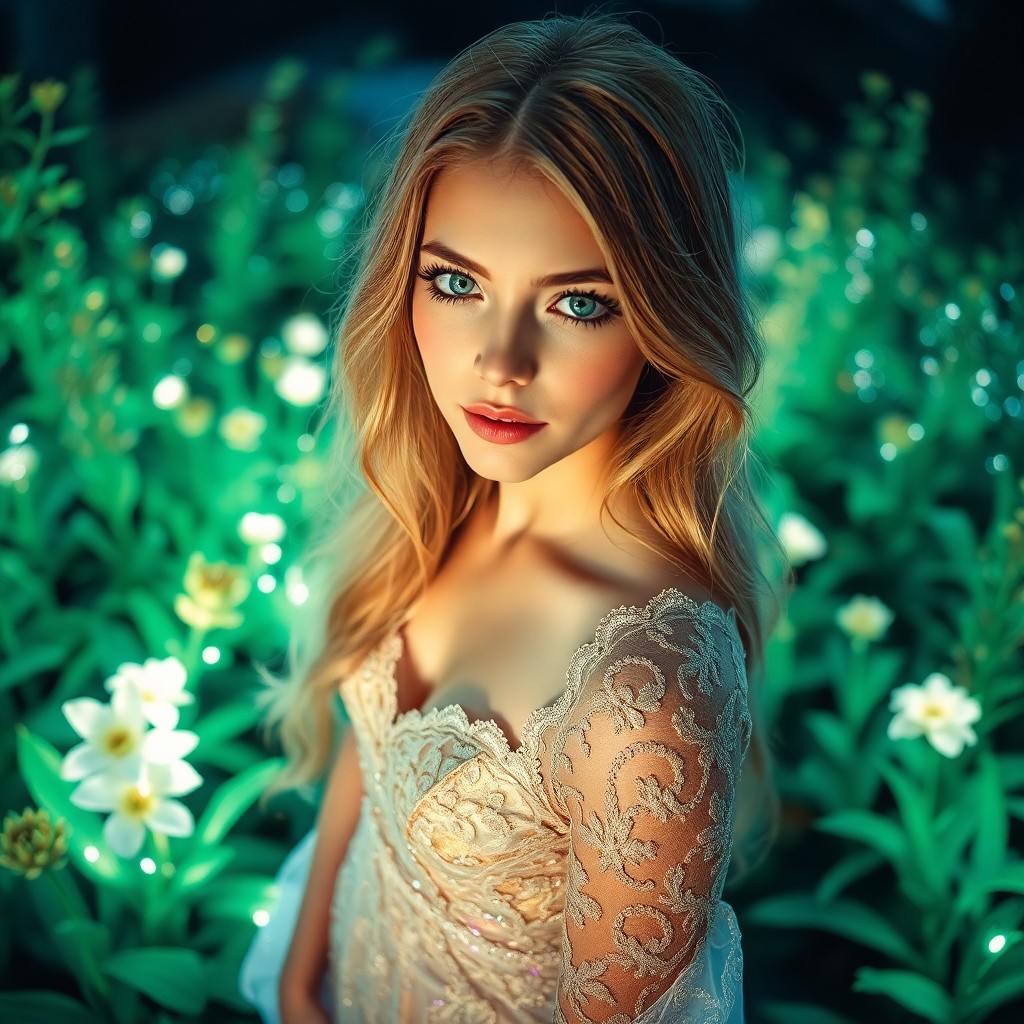 AI generated art for prompt: Imagine an enchanting portrait of a young woman with mesmerizing green eyes and cascading golden loc