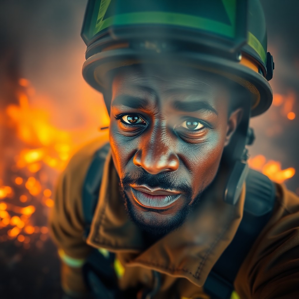 AI generated art for prompt: Imagine an aerial view capturing a close-up portrait of a seasoned African-American firefighter in f