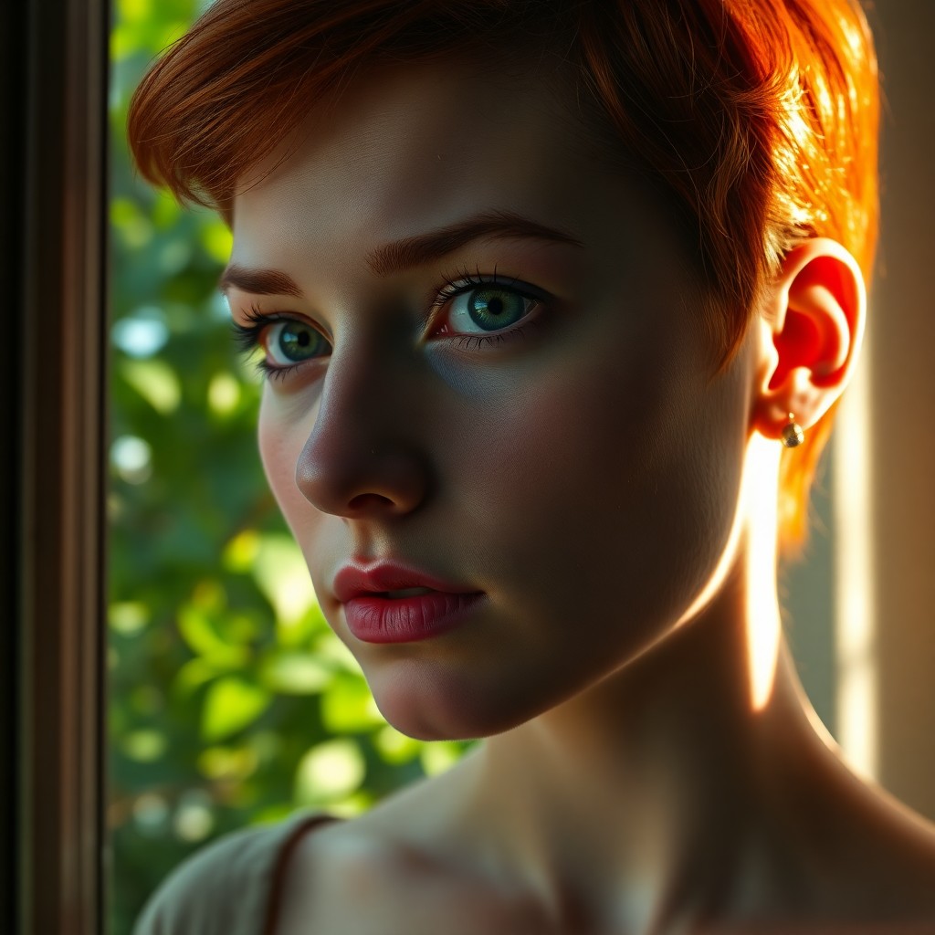 AI generated art for prompt: Craft an image depicting a close-up portrait of a young woman with short, vibrant red hair, striking