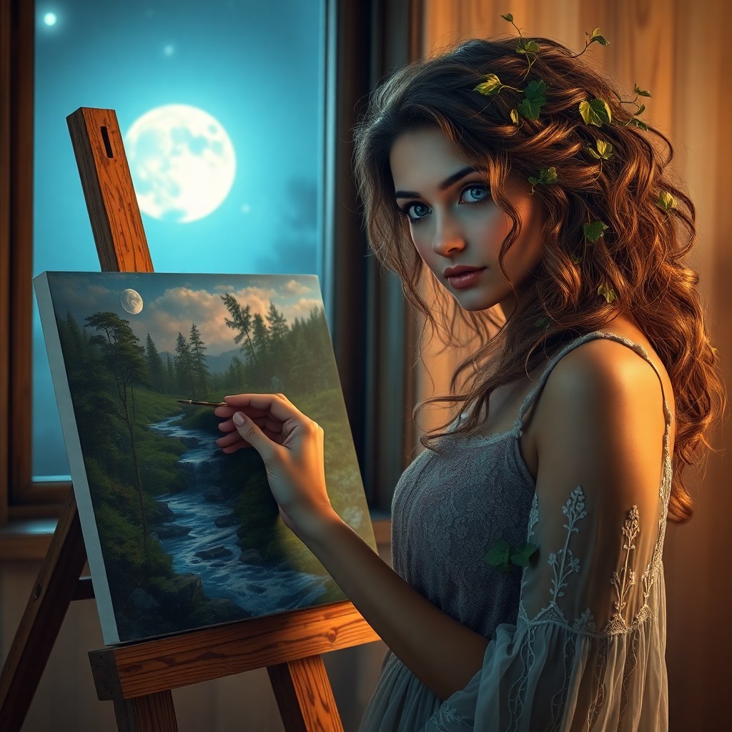 AI generated art for prompt: A portrait from an enchanting perspective showcases an alluring artist bathed in soft moonlit glow t