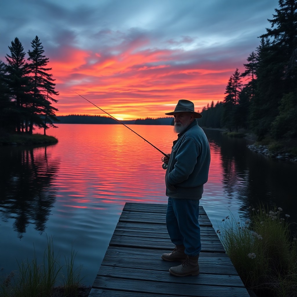 AI generated art for prompt: A tranquil lakeside vista at twilight showcases a solitary angler standing on an aged wooden dock, h