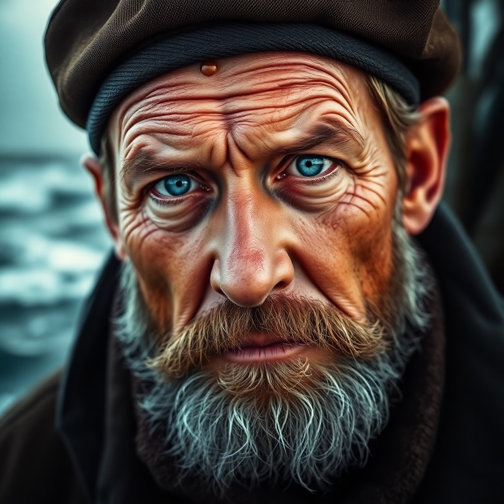 AI generated art for prompt: A strikingly lifelike portrait captures a seasoned fisherman's weathered visage, his steely blue eye