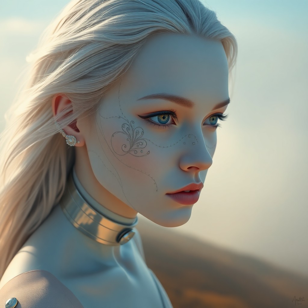 AI generated art for prompt: Craft an image in the photorealistic digital painting style, depicting a mesmerizing android with pa