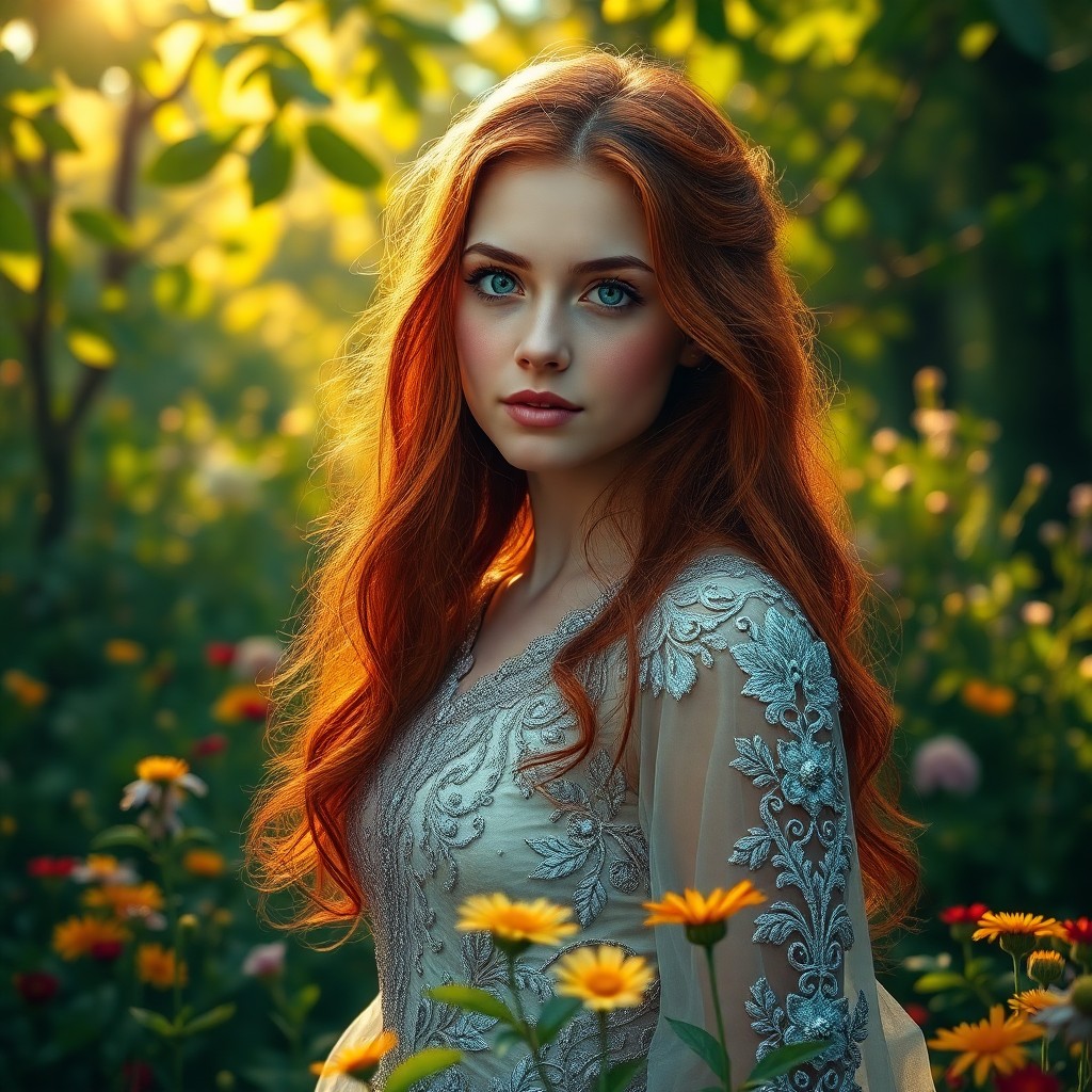 AI generated art for prompt: Create an enchanting photorealistic portrait from a unique perspective, portraying a young woman wit