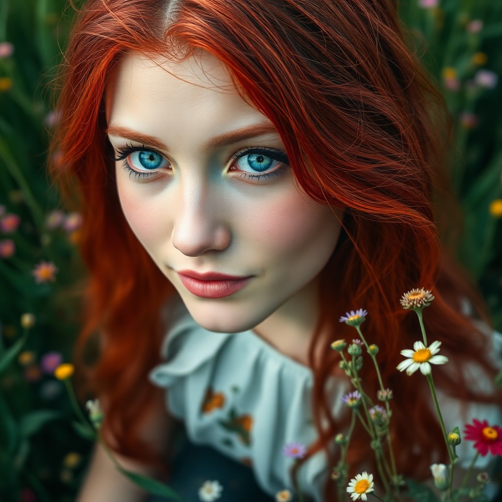 AI generated art for prompt: Picture a close-up portrait of a young woman with captivating azure eyes and vibrant crimson tresses