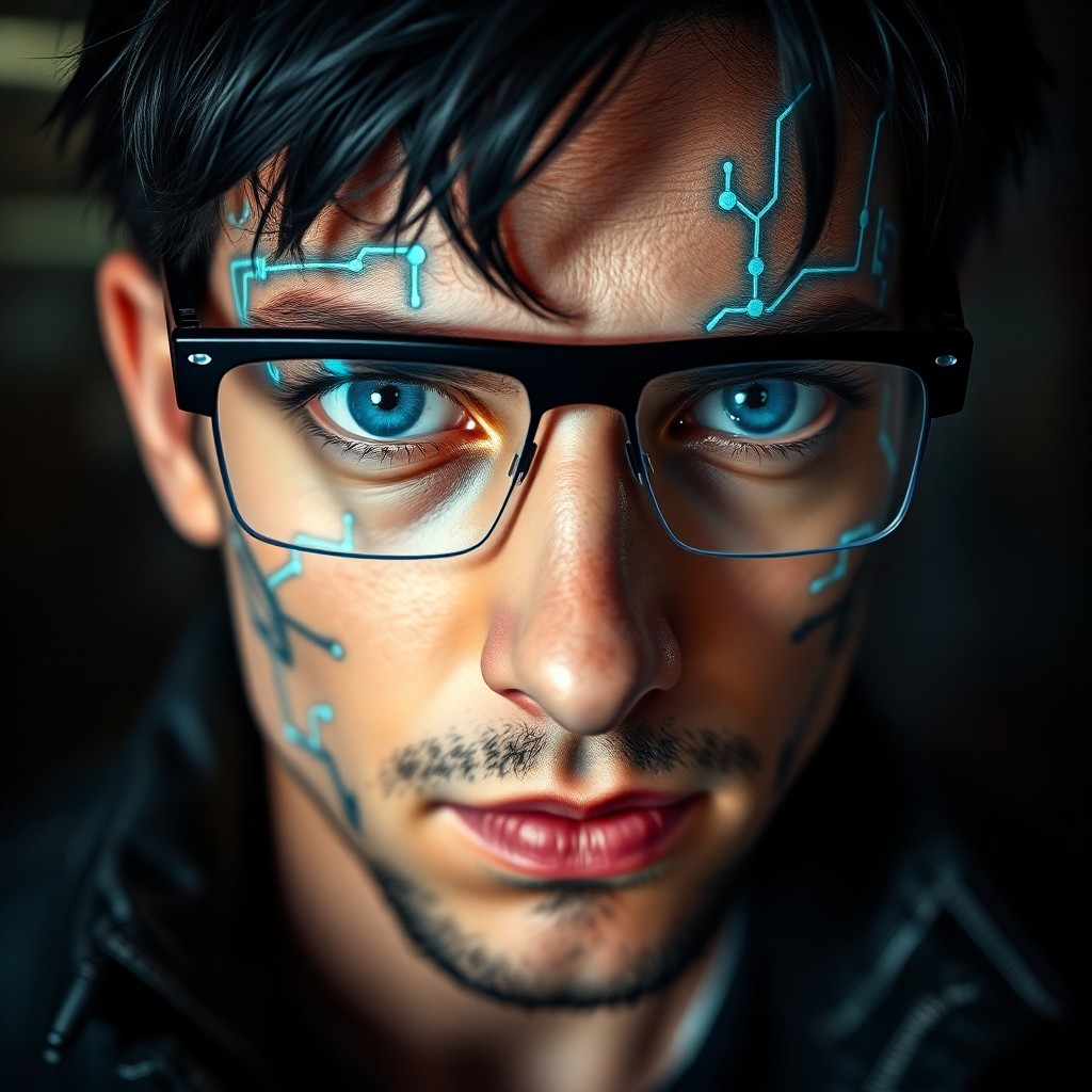 AI generated art for prompt: Envision an intricately detailed cyberpunk portrait capturing the intense gaze of a detective with i