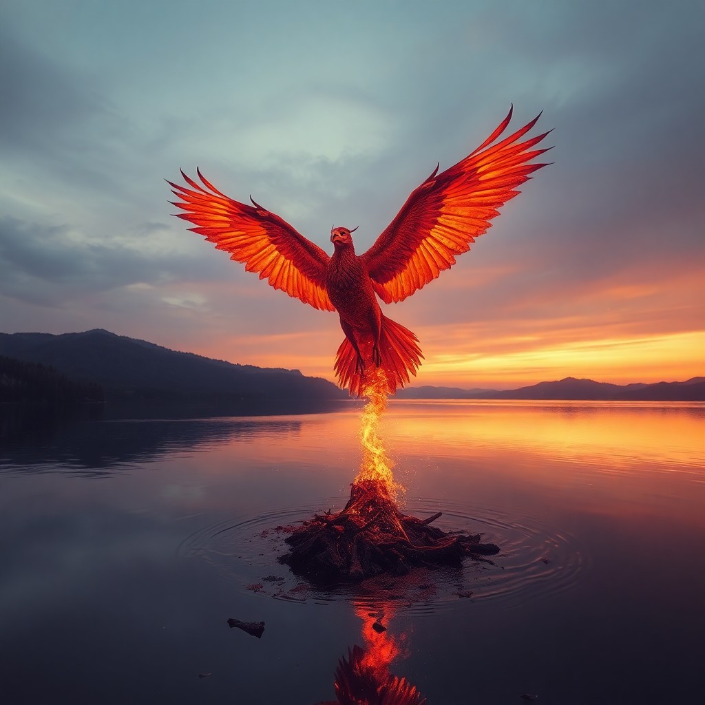 AI generated art for prompt: A magnificent mythical bird ascends from smoldering remnants, its radiant feathers casting an array 