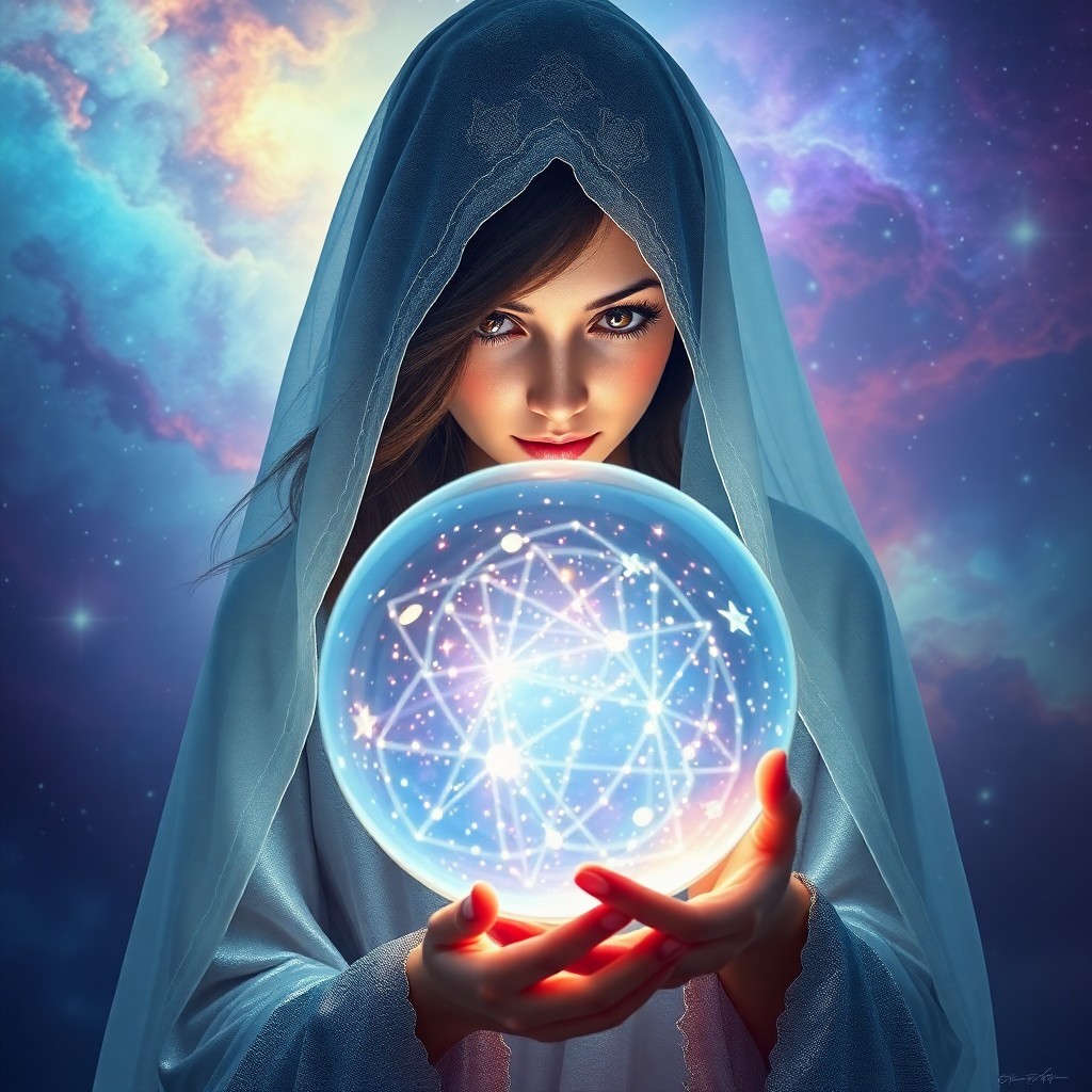 AI generated art for prompt: Craft an image in the hyperrealistic digital painting style, portraying an enigmatic fortune teller 