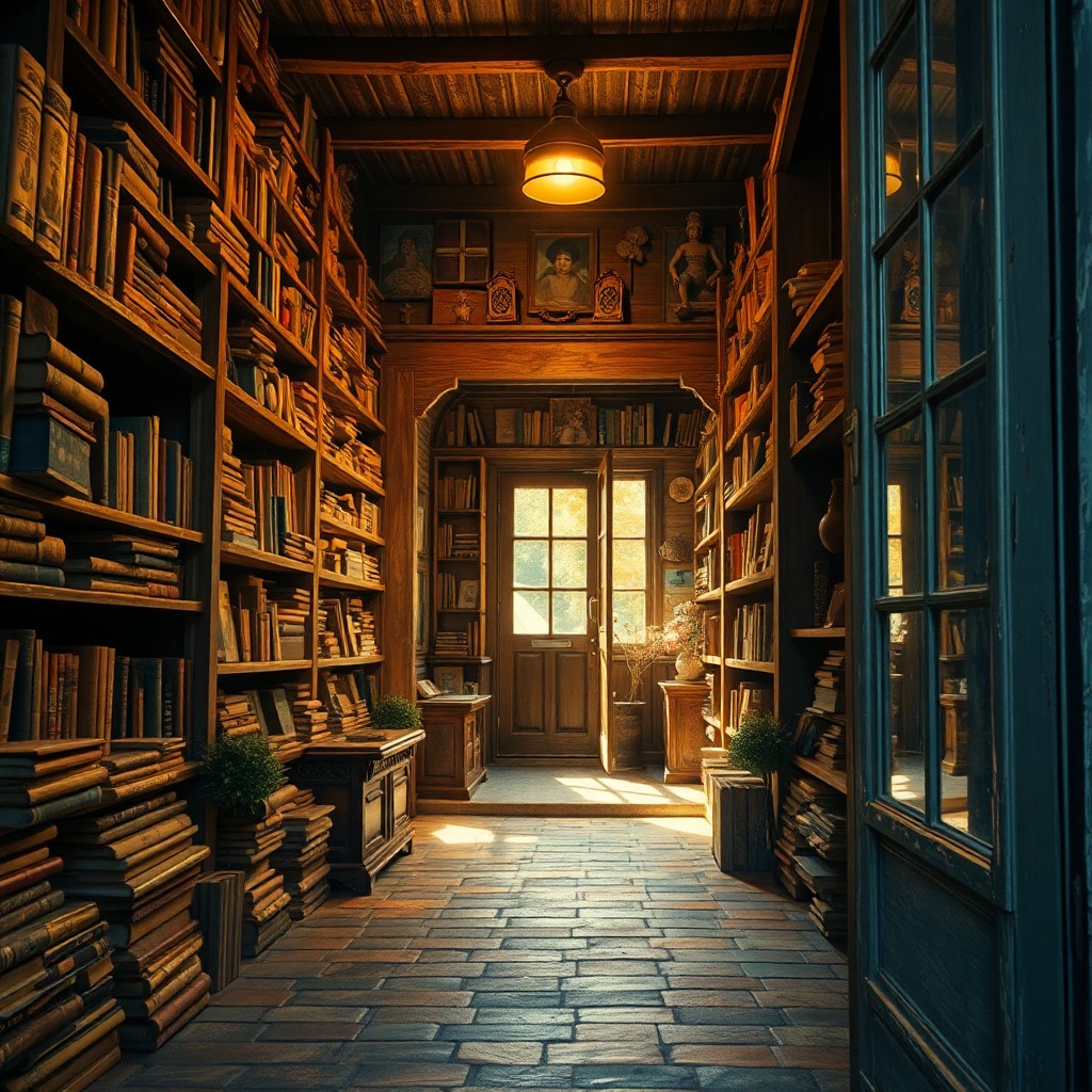 AI generated art for prompt: Craft an image depicting a quaint old bookstore, its interior adorned with weathered wooden shelves 