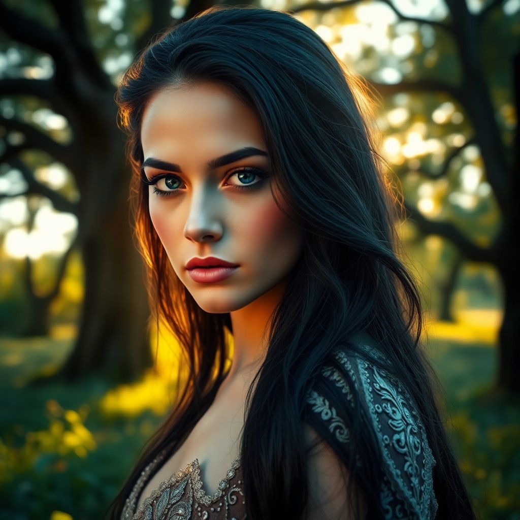 AI generated art for prompt: Envision a photorealistic portrait of an enigmatic woman with captivating sapphire eyes and lustrous