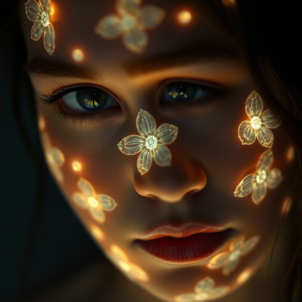 AI generated art for prompt: Craft an image capturing an enigmatic female portrait with intricate, glowing floral patterns seamle