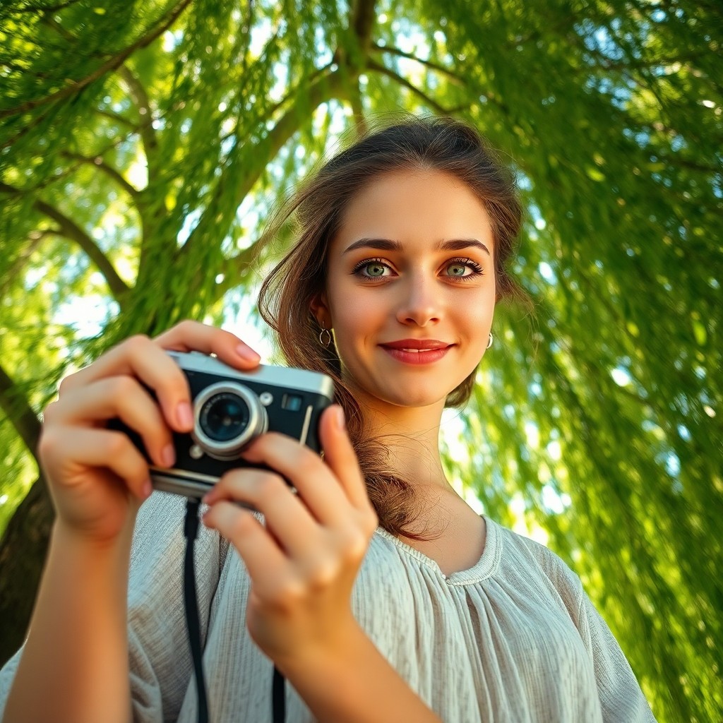 AI generated art for prompt: Craft an enchanting portrait of a young woman with captivating green eyes and a playful grin, captur