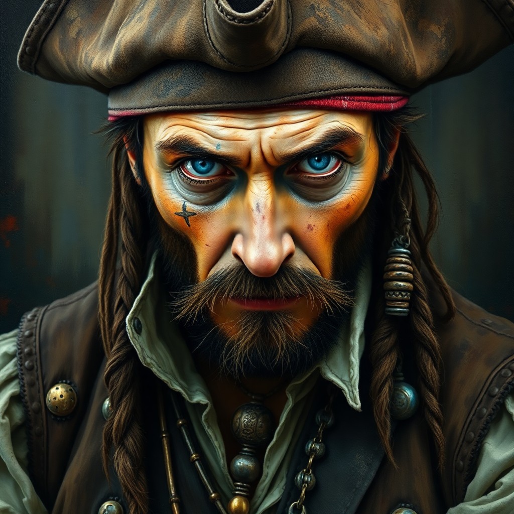 AI generated art for prompt: Craft an image in the hyper-realistic oil painting style, portraying a pirate captain with piercing 