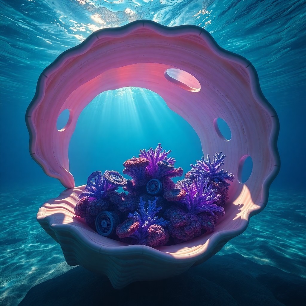 AI generated art for prompt: A tranquil seascape unfolds from within a colossal seashell, reminiscent of surrealist landscapes. T