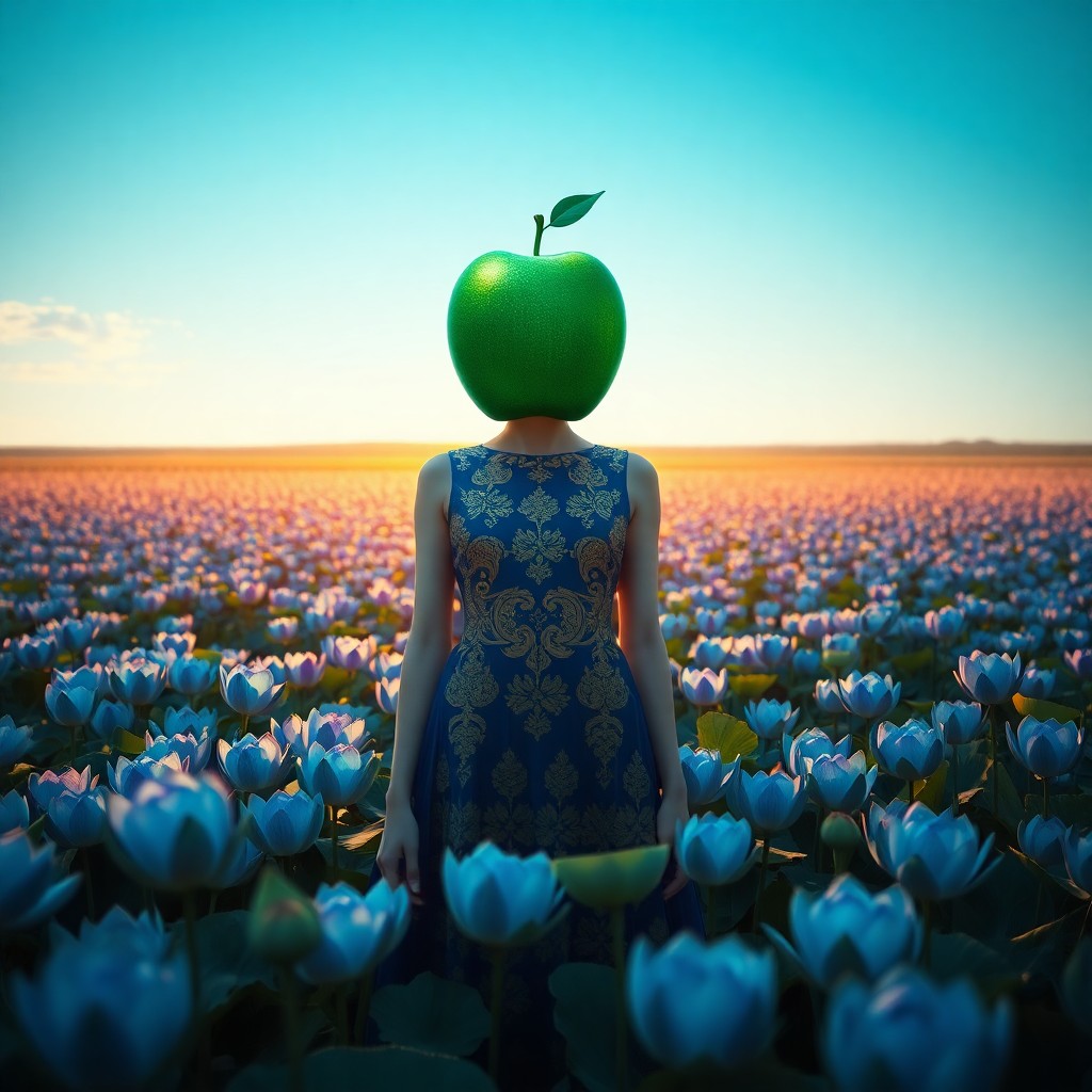 AI generated art for prompt: Create a dreamlike scene featuring a woman standing amidst a sea of blue lotus flowers in an expansi