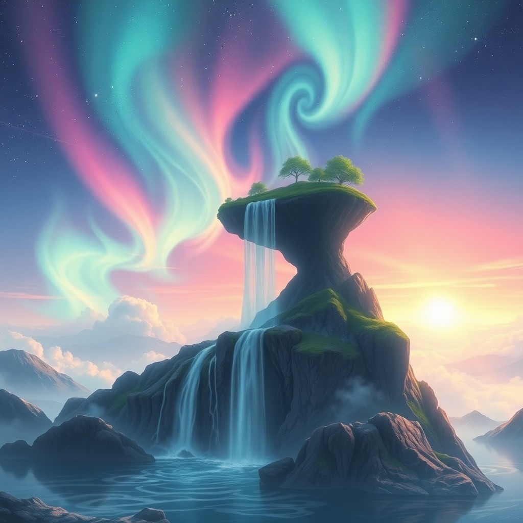 AI generated art for prompt: Imagine a captivating dreamscape where a tranquil waterfall flows down from a hovering island, blend