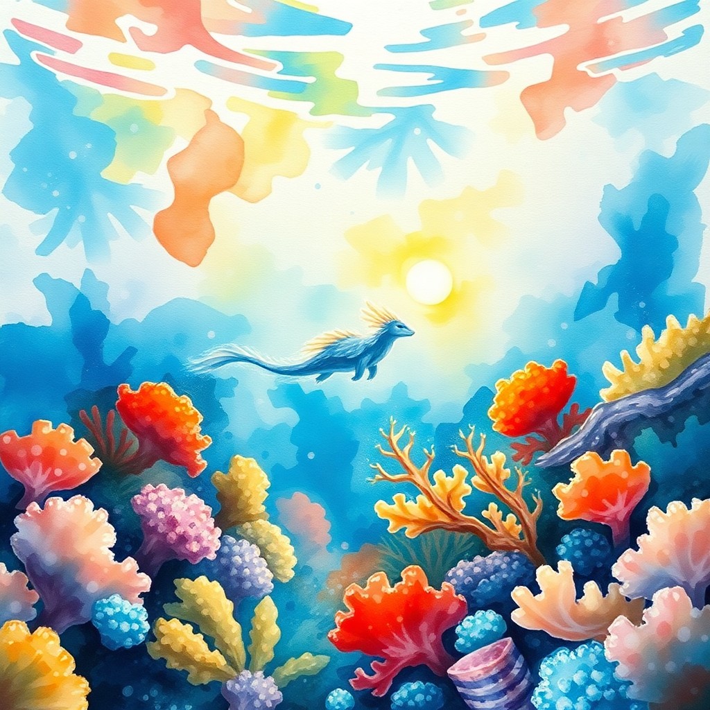 AI generated art for prompt: Craft an impressionistic watercolor scene depicting a tranquil underwater realm where a regal creatu