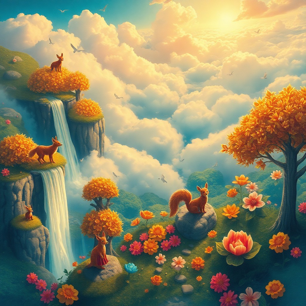 AI generated art for prompt: Imagine a whimsical dreamscape with vibrant colors reminiscent of vintage children's illustrations f