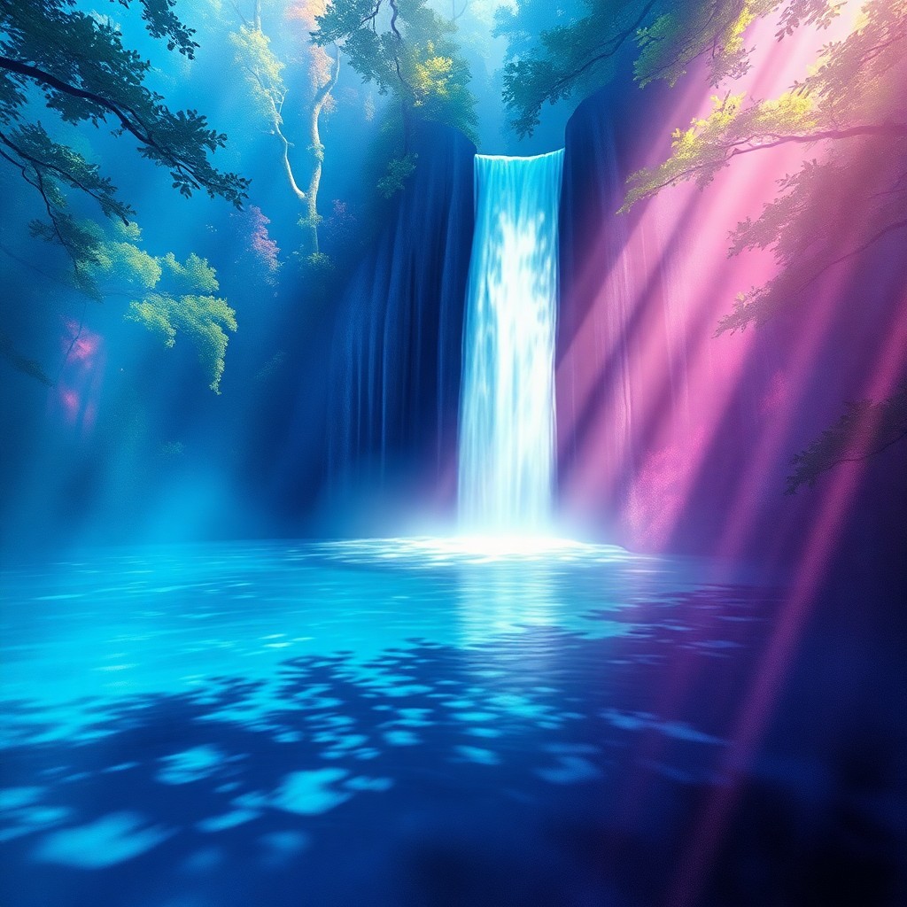 AI generated art for prompt: Visualize an enchanting dreamscape where a mesmerizing waterfall tumbles into a tranquil pool, its w