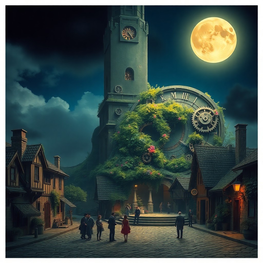 AI generated art for prompt: Craft an image reminiscent of surrealist masterpieces, depicting a tranquil moonlit village beneath 