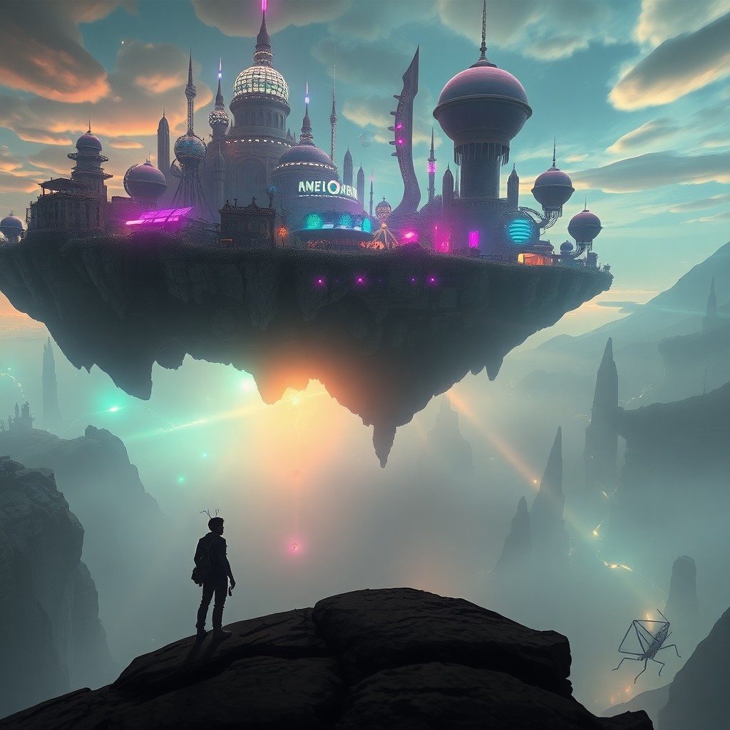 AI generated art for prompt: A surreal digital landscape captures an expansive floating island adorned with fantastical structure