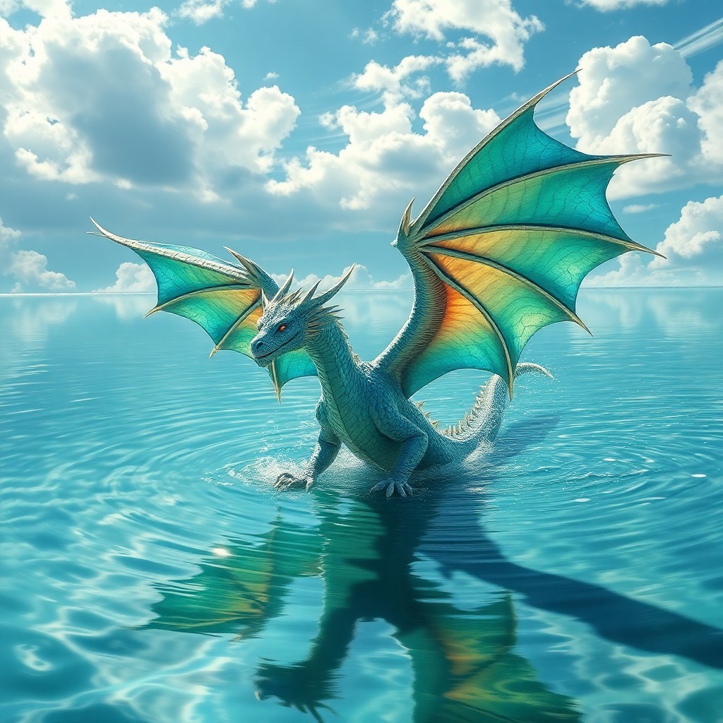 AI generated art for prompt: A majestic dragon emerges from a serene lake, its scales reflecting iridescent hues of azure and eme