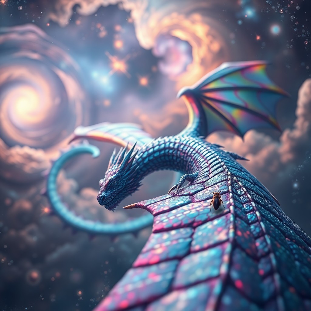 AI generated art for prompt: A mesmerizing digital dreamscape showcases an awe-inspiring dragon gracefully soaring through a cele