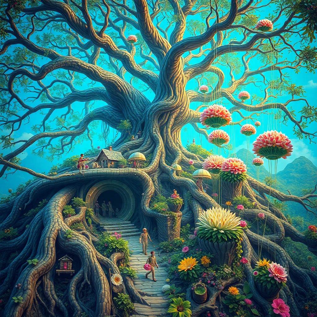 AI generated art for prompt: Imagine a surreal dreamscape reminiscent of intricate realism, where an immense tree with twisted ro