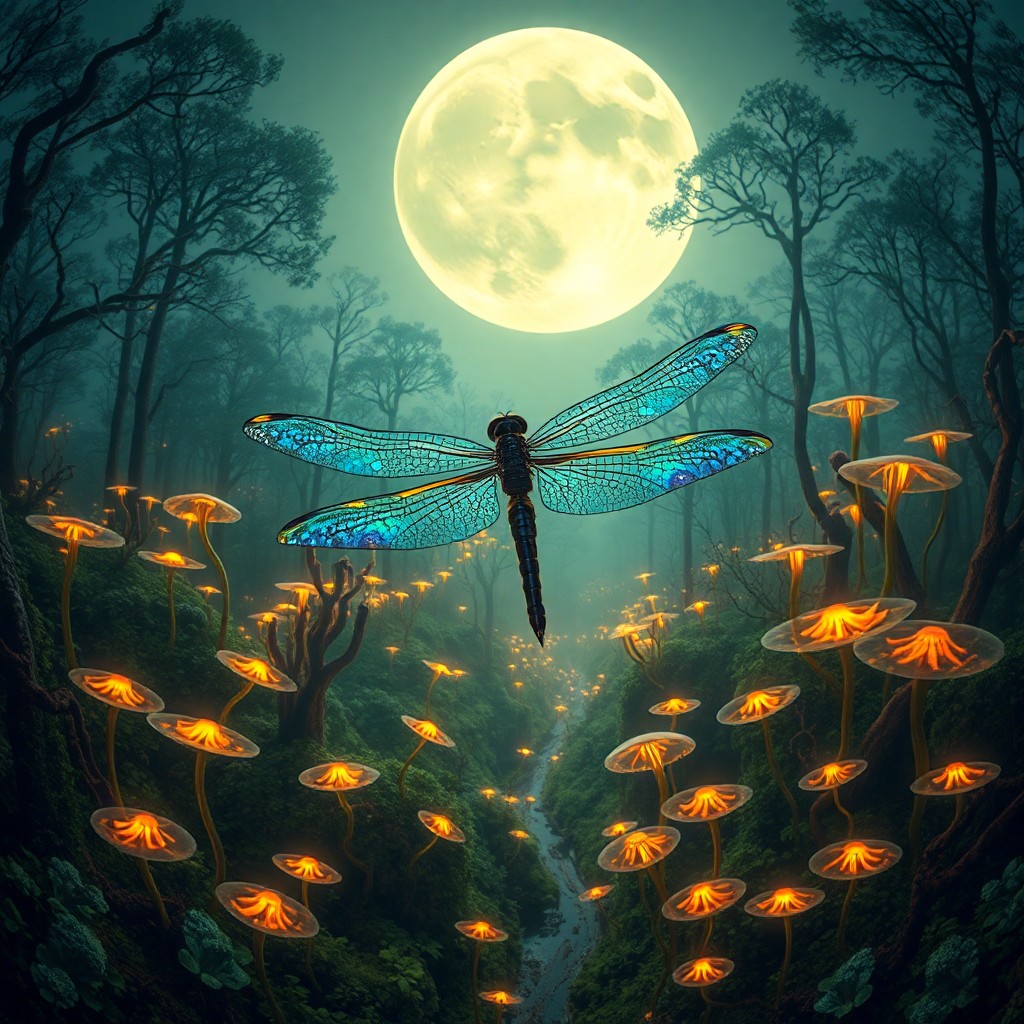 AI generated art for prompt: A mesmerizing dreamscape is revealed where an idyllic moonlit forest intertwines with biomechanical,