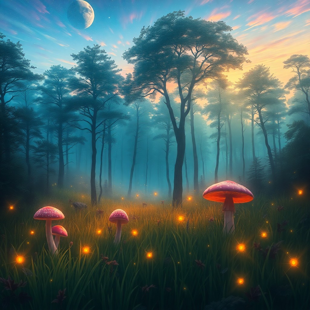 AI generated art for prompt: Craft an impressionistic digital artwork depicting a dreamlike forest at twilight from an aerial per