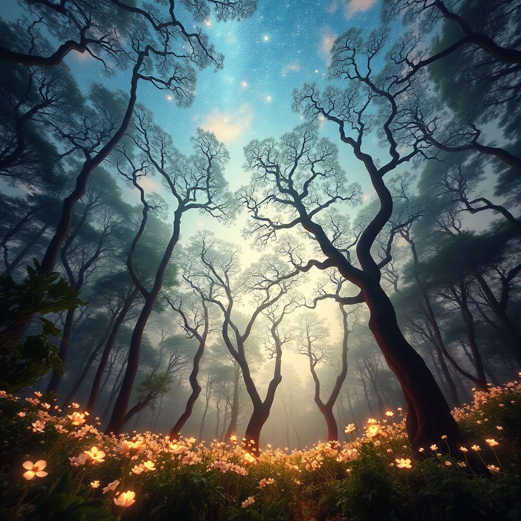 AI generated art for prompt: Imagine an enchanting forest landscape, where dreamlike distortions in reality merge with impression