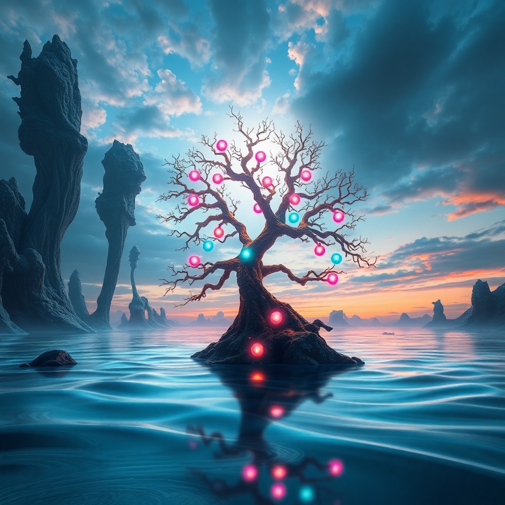 AI generated art for prompt: Imagine an enchanting digital dreamscape reminiscent of surrealist landscapes, where gravity-defying