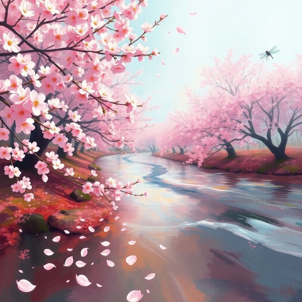 AI generated art for prompt: A tranquil cherry blossom grove in its prime, with petals drifting gracefully into a winding stream,