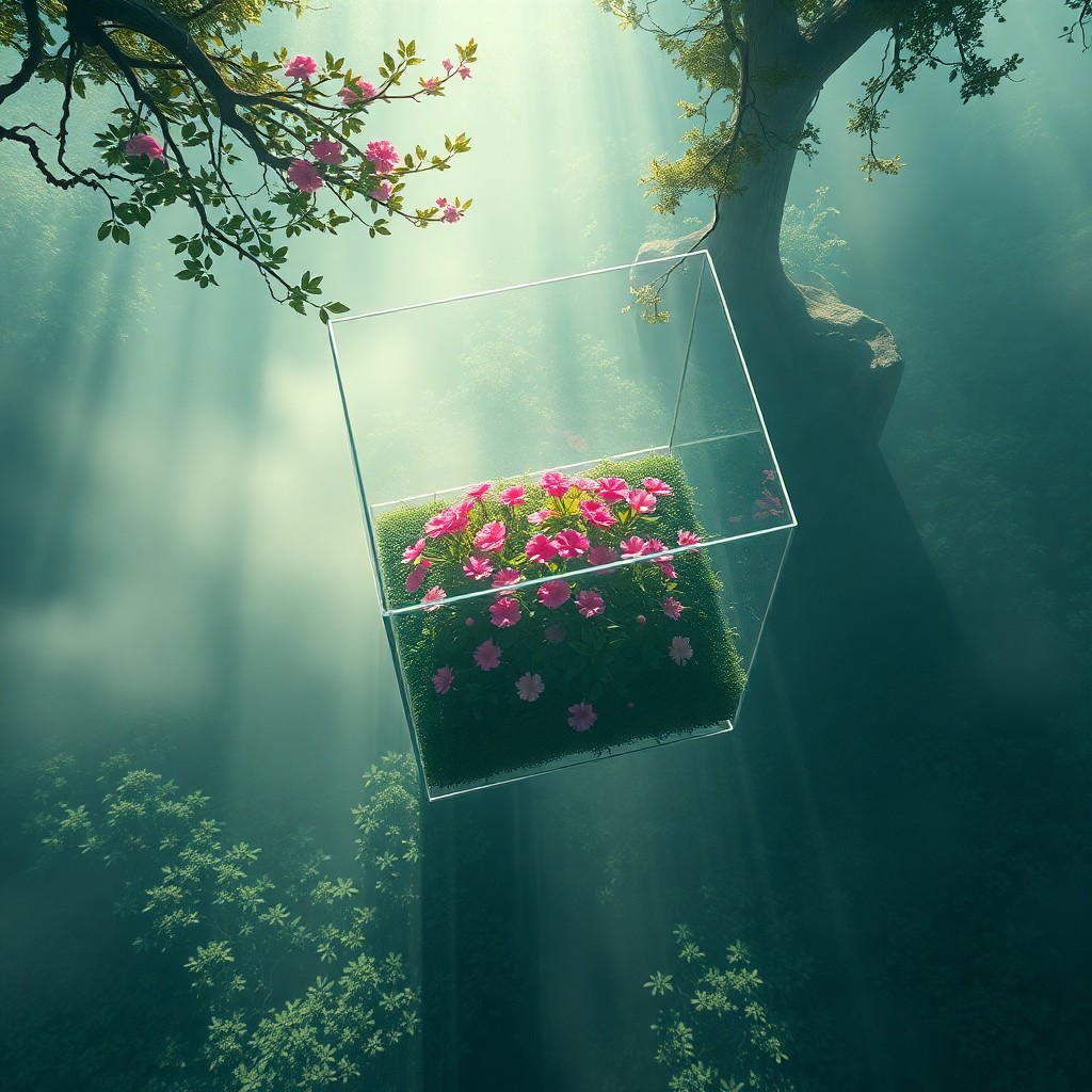 AI generated art for prompt: An enigmatic digital landscape captures the essence of whimsical surrealism, depicting an aerial vie