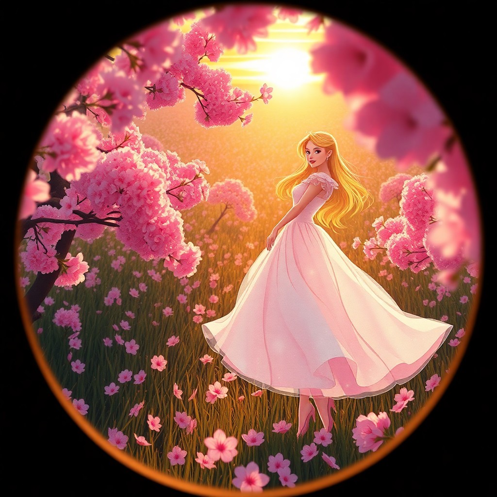 AI generated art for prompt: Envision Princess Aurora gracefully dancing amidst a field of blooming cherry blossoms during the go